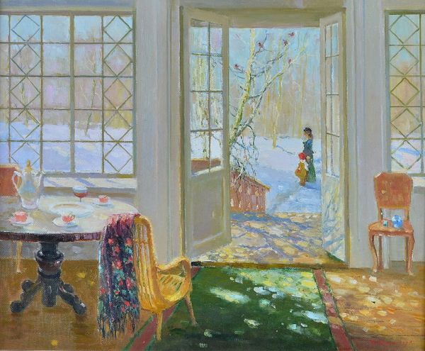 Viktor Koroltchuk (Ukranian, 1933-2015),  Looking out of an interior to a mother and child stood in the snow, signed (lower right) and inscribed (vers