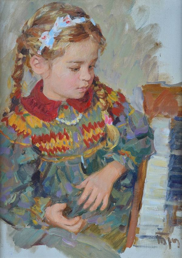 Boris Trofimenko (Russian, b. 1929), A girl at a piano, signed (lower right), oil on canvas, 31 x 23cm