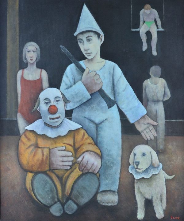 Michael Scott (British, 1946-2006), Clowns, signed 'Scott' (lower right) and bears The Contemporary Fine Art Gallery, Eton label (verso), oil on canva