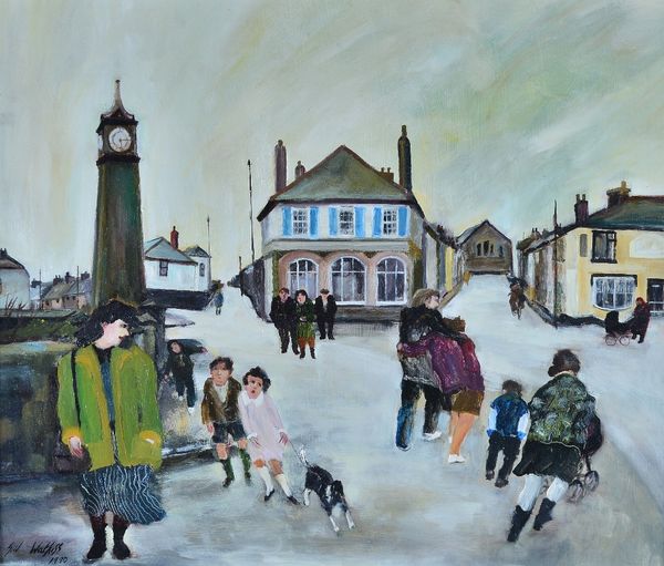 Gill Watkiss (British, b. 1938), Bank Square, St Just II, signed and dated 'Gill Watkiss 1990' (lower left) and bears Newlyn Art Gallery label (verso)