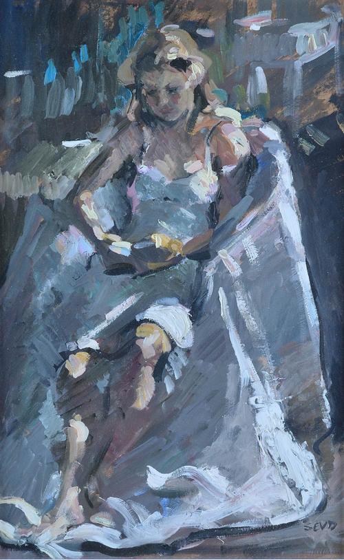 Sherree Valentine-Daines (British, b. 1956), A girl in a white dress reading, initialled 'SEVD' (lower right), oil on board, 45 x 28cm.  ARR