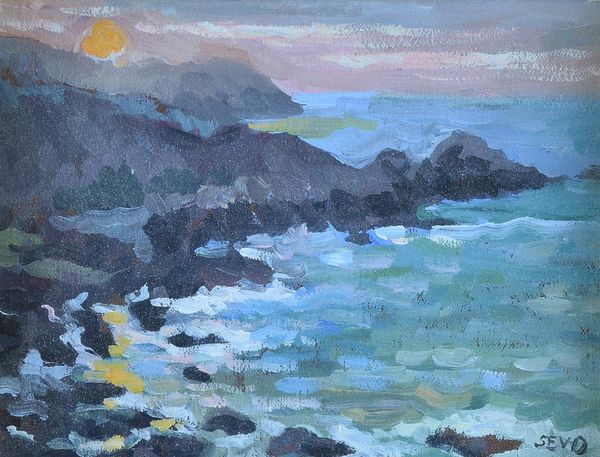 Sherree Valentine-Daines (British, b. 1956), Sunset over a rocky coastline, initialled 'SEVD' (lower right), oil on board, 19 x 24cm.  ARR