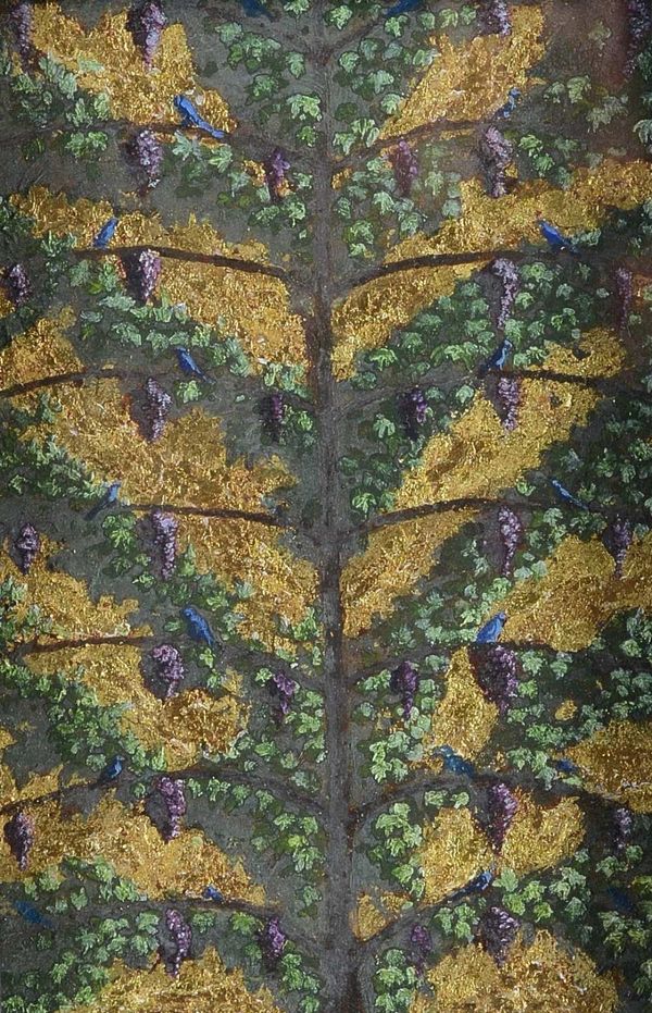 Roger Wagner (British, b. 1957), Birds on branches, oil and gold leaf on board, 19 x 12.5cm.  ARR