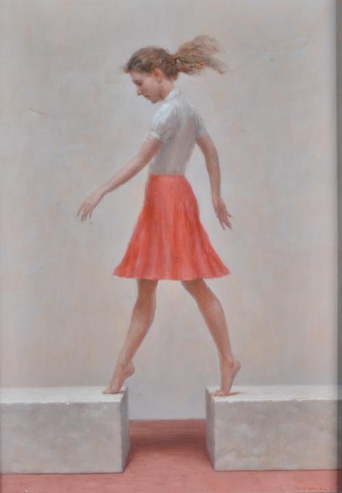 Harry Holland (British, b. 1941), Step, 1995, signed 'H Holland' (lower right) and bears Martin Tinney Gallery label (verso), oil on board, 55 x 38cm.