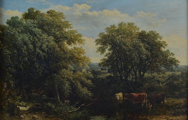 English School, 19th Century, Cows watering in a river, oil on board, 29.5 x 45cm