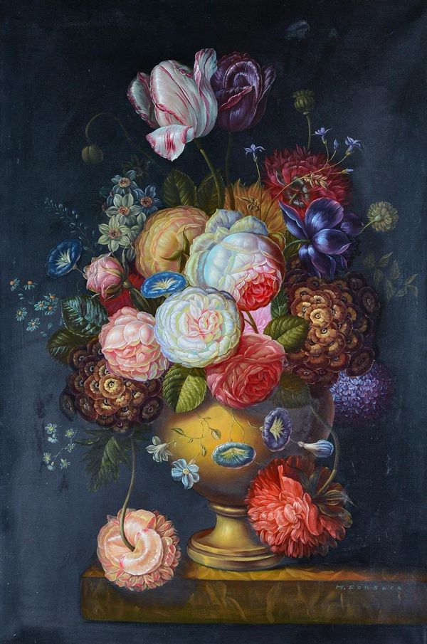 H Fonseca (20th Century), Still life of flowers in a vase on a ledge, signed 'H Fonseca' (lower right), oil on canvas, 91 x 61cm (unframed)