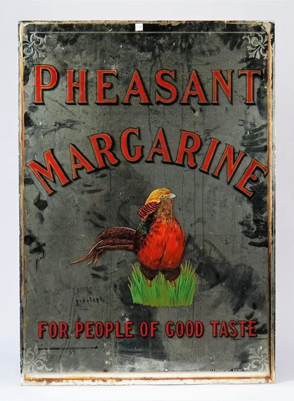 An early 20th century advertising mirror for Pheasant Margarine, decorated with a pheasant and red and gilt lettering, 91cm x 64cm.