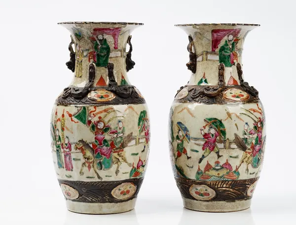 A pair of late 19th century Chinese crackle glazed baluster vases, 34cm high.