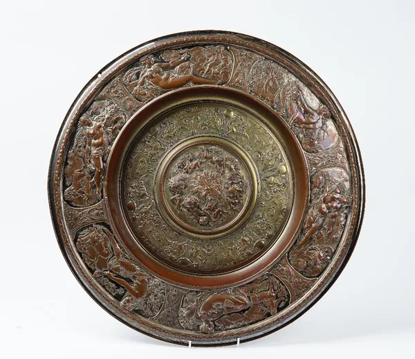 A Victorian parcel-gilt silver plated rosewater dish or charger, by Elkington, decorated with nymphs representing the second six months of the year, 5