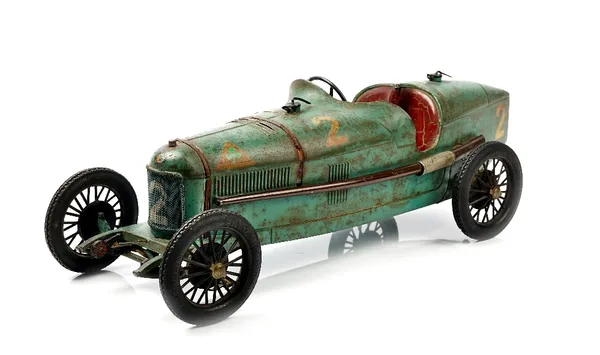 Alfa Romeo P2 tinplate toy car by C.I.J. (Compagnie Industrielle du Jouet) France, circa 1929, finished in blue with black painted spoked wheels, with