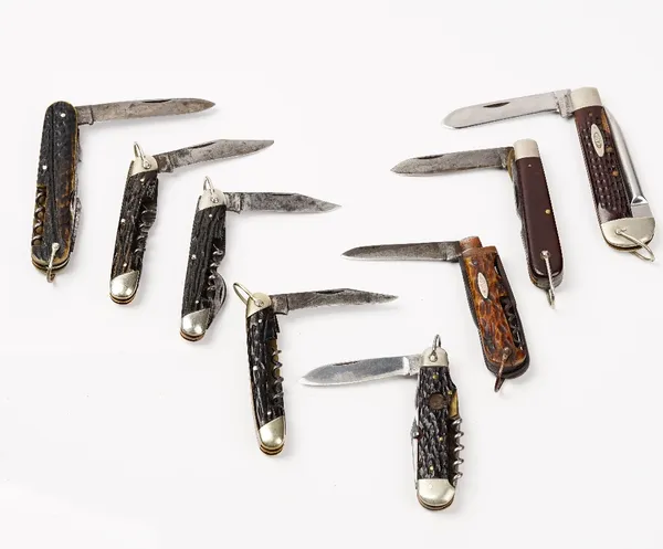 A group of eight pocket knives, mostly bone handled, including examples by Bonsa Solingen, I*XL George Wostenholm, T.Turner & Co and Camillus. (8).