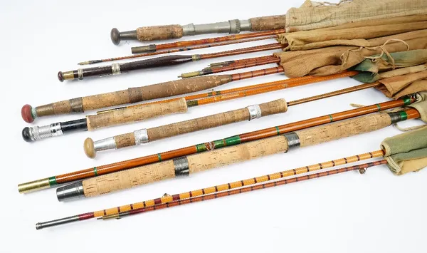 A group of seven vintage fishing rods, to include a Hardy 'Palakona' two piece split cane rod, in a Hardy bag, a Milward four piece rod, a three piece