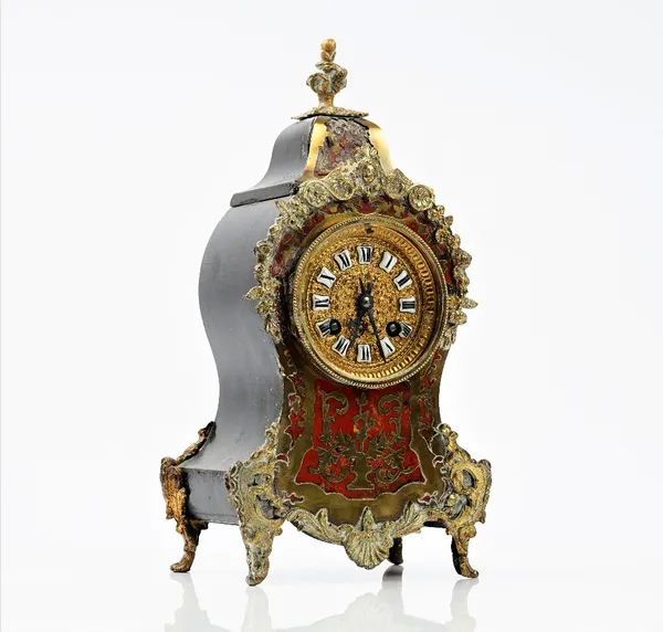 A late 19th century Boulle work mantel timepiece, the movement detailed MEDAILLE D'ARGENT 1889, striking on a gong, height 32cm.