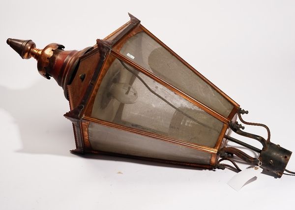 A copper lantern, of hexagonal tapering form, with frosted Perspex and pear shaped spire, 110cm high.