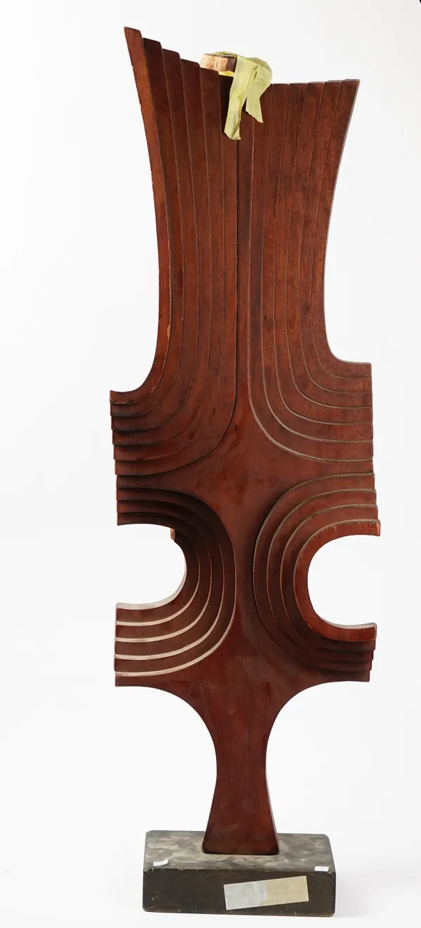 Brian Willsher, (British, 1930-2010), two carved wooden abstract sculptures, the larger signed to the base and detailed 'Orpheus', height 106cm.  6830