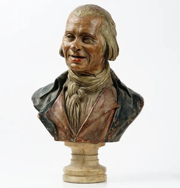 A 19th century painted terracotta bust of a gentleman, on a circular marble plinth, unsigned, 59cm high.