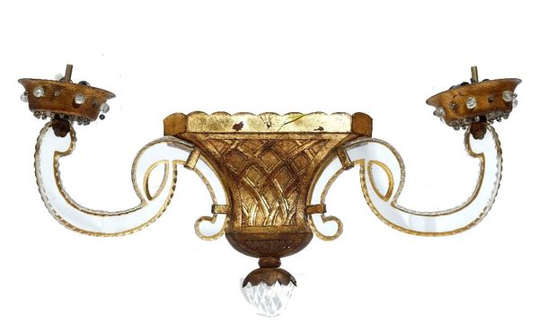 A pair of modern gilt painted metal and Perspex twin branched wall lights, with lattice work bodies, 65cm wide x 28cm high.