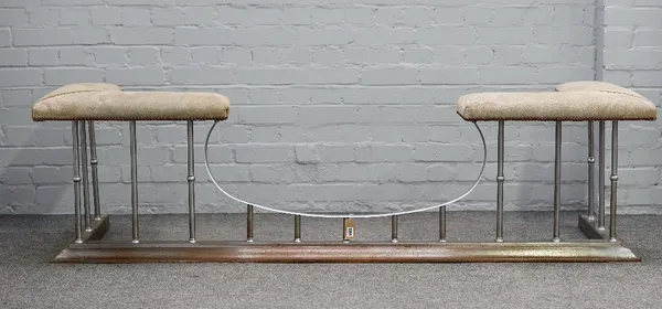 A Victorian style steel and grey suede upholstered club fender, 205cm wide x 55cm high.