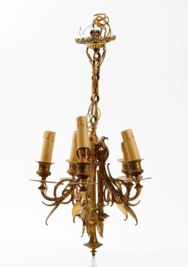 A French early 20th century gilt metal five branch chandelier, fitted for electricity, 51cm high.