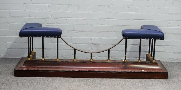 An early 20th century mahogany and blue leather upholstered club fender, 160cm wide x 48cm high.