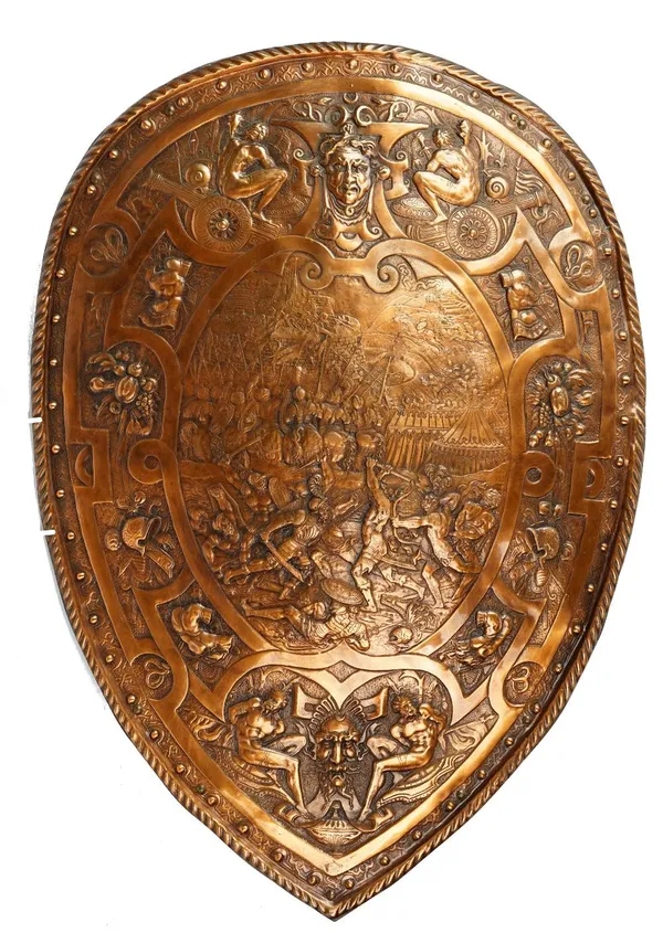 A late 19th century copper copy of the shield of Henry II of France, depicting a Roman battle scene, 63cm x 45cm.