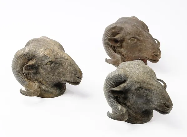 A set of three 20th century cast bronze ram's head wall masks, 16cm high, (3).