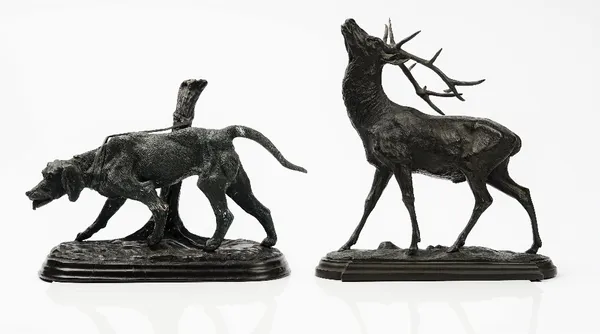 A 20th century French bronze model of hunting dog, unsigned, 36cm wide, and a bronze model of stag, unsigned, 33cm high, (2).