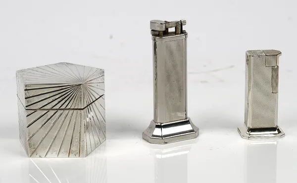 A Dunhill Tallboy silver plated table lighter, the underside numbered 18583, together with another similar smaller and an Italian sterling silver case