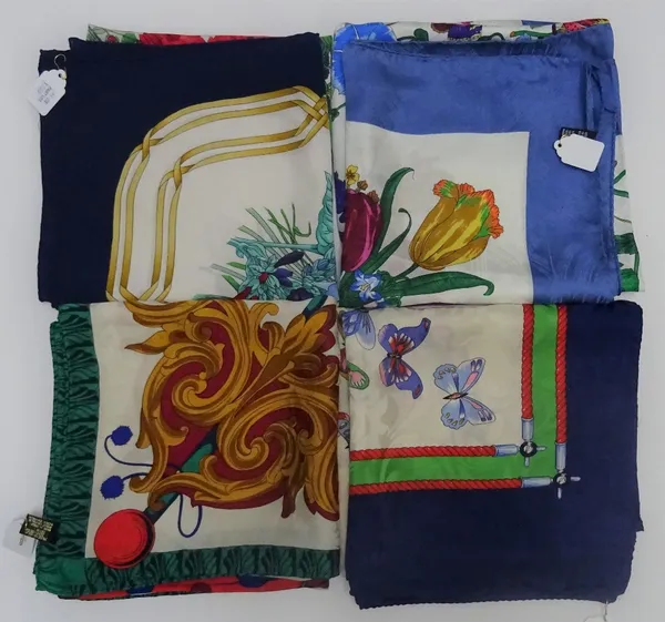 A collection of four Italian printed silk scarves, one printed with a butterfly ground enclosed by a navy border; another with a floral ground and lig