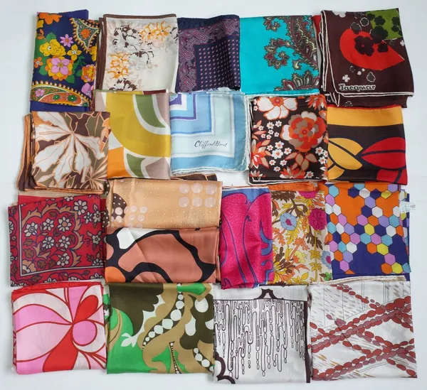 A collection 1960s and 1970s printed silk scarves, including a Pierre Cardin example; a Clifford Bond example and a Jacqmar example, all printed in br