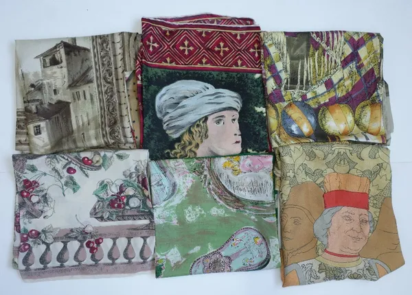 A collection of six large silk pictorial printed scarves, including a Jaqmar scarf entitled 'PietroA nnigoni Firenze - Alfesco a Stia', and another by