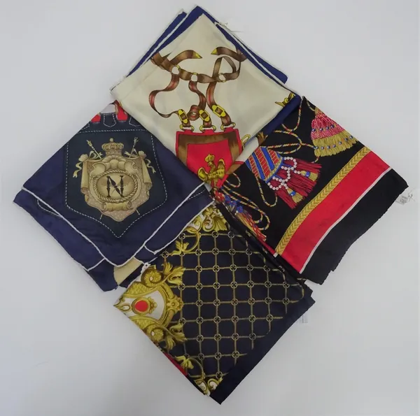 A collection of four Italian printed silk scarves, each designed with mirrored architectural motifs  each approximately 85cm x 85cm (4)