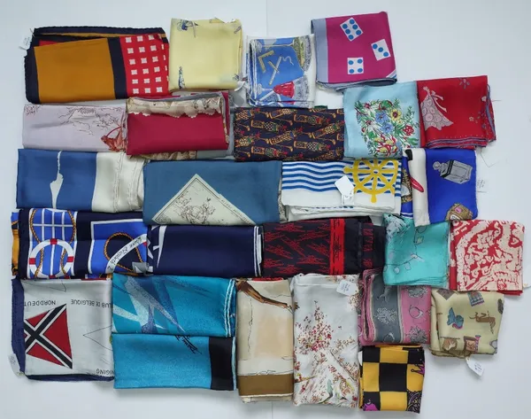 A collection of aviation and nautical themed silk scarves; together with a collection of sporting themed silk scarves, including golf, horse riding; a