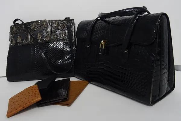 A collection of vintage bags and accessories, comprising: a Brevettato Riva black crocodile soft briefcase, with two carrying handles, fold over flap