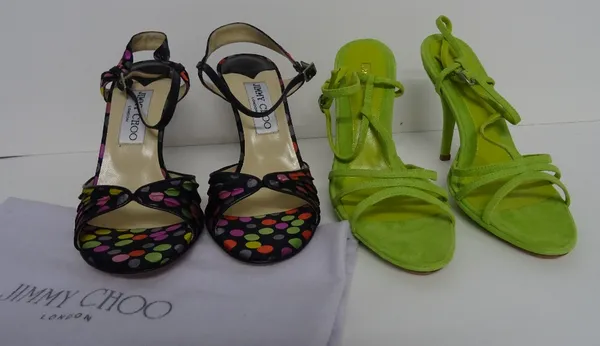 A pair of Jimmy Choo black satin sling back court sandals with multi poka dot design, size 36.5; and a pair of Ramirez green suede sling back high hee