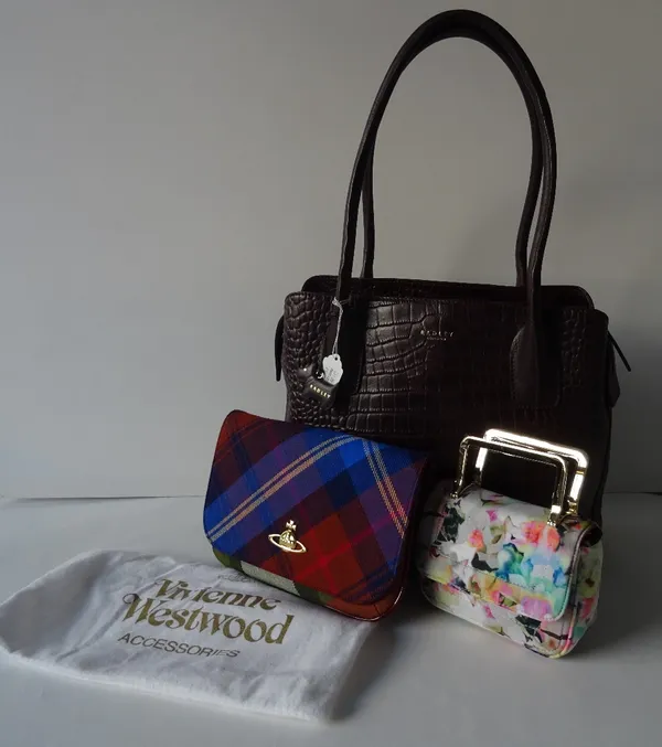 A Vivienne Westwood tartan clutch bag with detachable strap and maroon patent interior and trim; a Radley maroon leather faux crocodile skin tote bag;