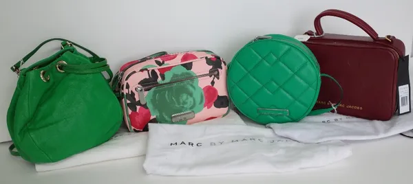 A collection of four lady's handbags by Marc Jacobs, comprising; a floral print handbag; a green leather drawstring bag; another green coloured quilte