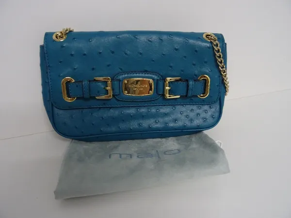 A Michael Kors 'Hamilton' blue ostrich leather handbag with gold-tone hardware.