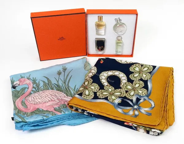 A vintage handrolled silk scarf by Charles Tyrwhitt, a Dior scarf and a boxed set of four Hermes fragrances (3).