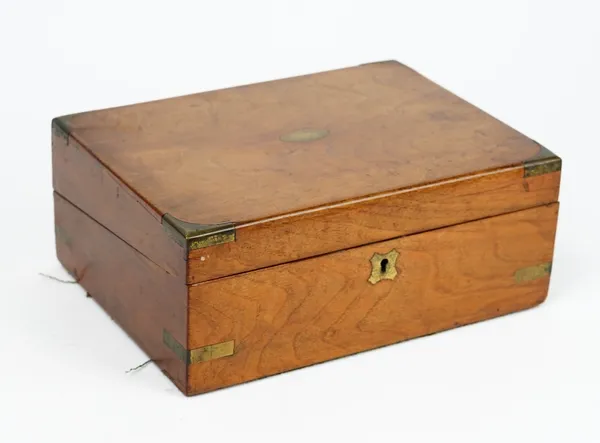 A Victorian figured walnut rectangular lift top box, 28cm wide x 15cm high, together with a similar brass bound writing slope, 30cm wide x 12cm high.