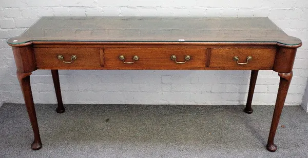 A 19th century serving table of George II design with three faux drawers on out stepped club supports, 168cm wide x 78cm high.