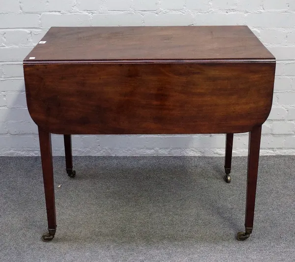 A George III mahogany Pembroke table with end frieze drawer on tapering square supports, 81cm wide x 73cm high.