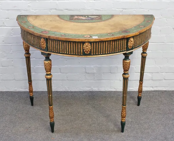 A George III and later decorated demi-lune side table with neoclassical reclining nude on four parcel gilt green painted fluted supports, 107cm wide x