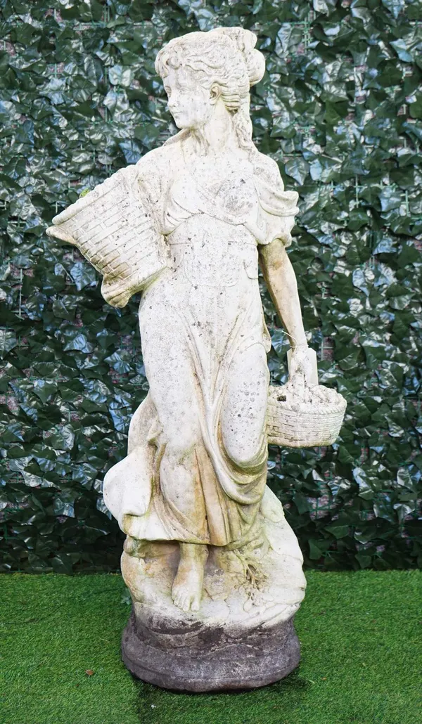 A reconstituted stone figure of a lady, in standing pose holding baskets, 140cm high.