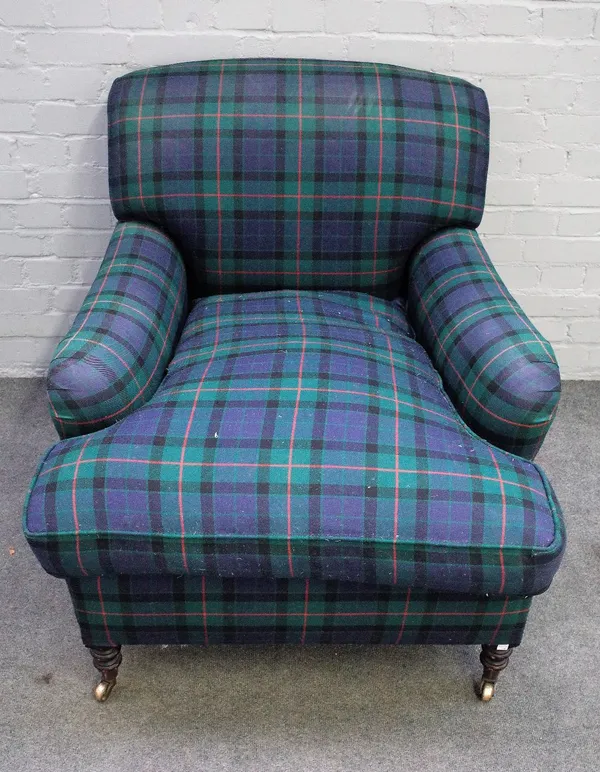 George Smith, a tartan upholstered easy armchair on turned supports, 85cm wide x 86cm high.