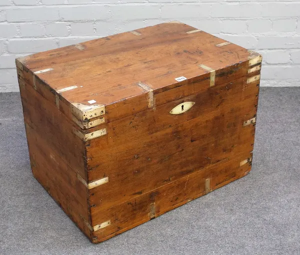 A campaign style brass bound rectangular travelling trunk, with lead liner, 67cm wide x 46cm high.