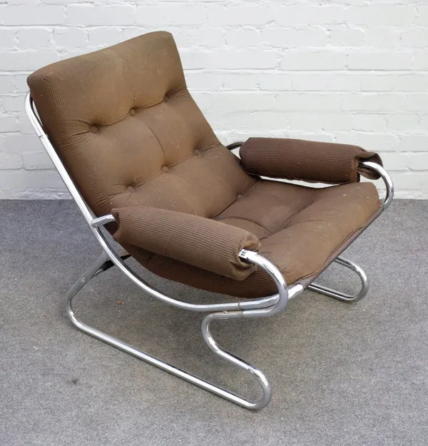 20th century design, a tubular chrome framed open arm easy chair with brown corduroy upholstery, 70cm wide x 74cm high.