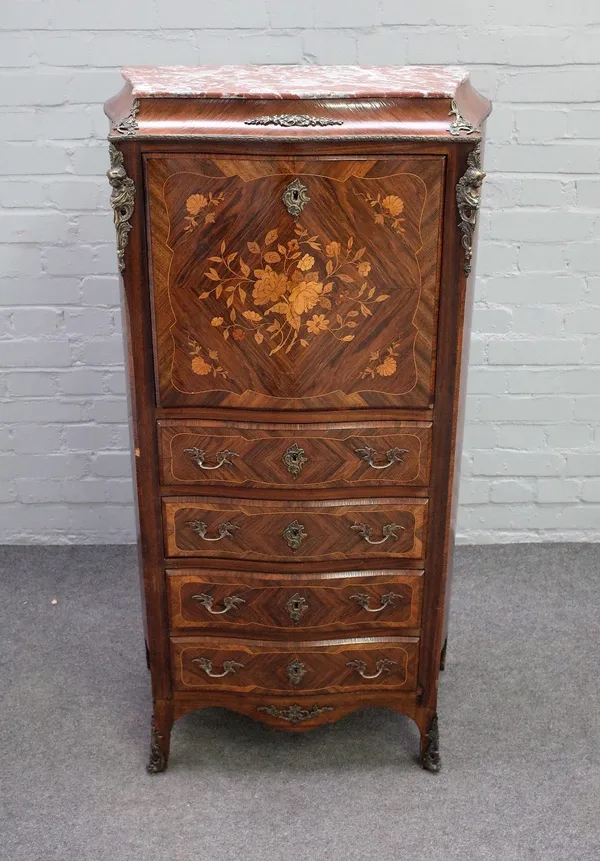 A Louis XV style rosewood floral marquetry gilt metal mounted secretaire a abattant, with rouge royal marble top, hinged fall and four drawers under,