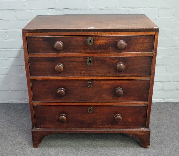 A small George III mahogany chest with four long graduated drawers on bracket feet, 76cm wide x 82cm high.