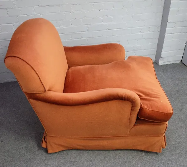 Howard & Son, a deep seated Bridgewater shape easy armchair with later burnt orange upholstery on turned supports, the back leg number stamped '160146